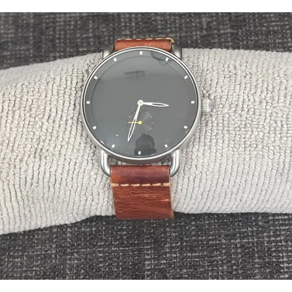 MVMT Revolver Minimalist Watch 41mm Silver Black Dial Brown Leather New Battery